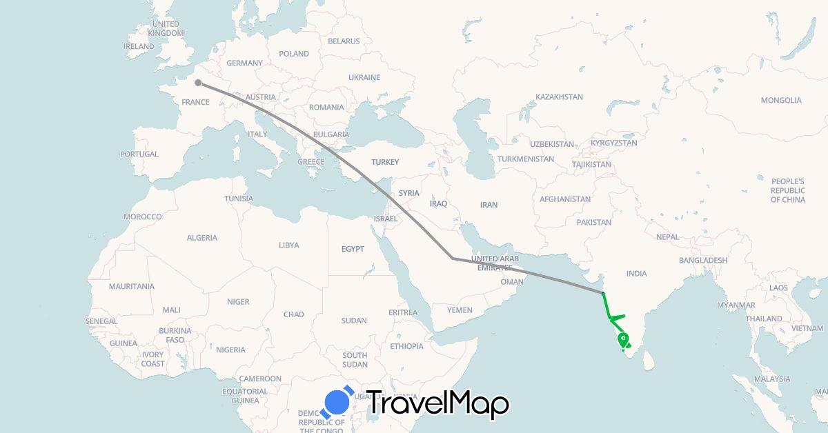 TravelMap itinerary: driving, bus, plane, hiking, boat in France, India, Saudi Arabia (Asia, Europe)